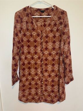Club Monaco Long Sleeve Silk Tunic Burnt Orange Maroon Paisley Print Size 4